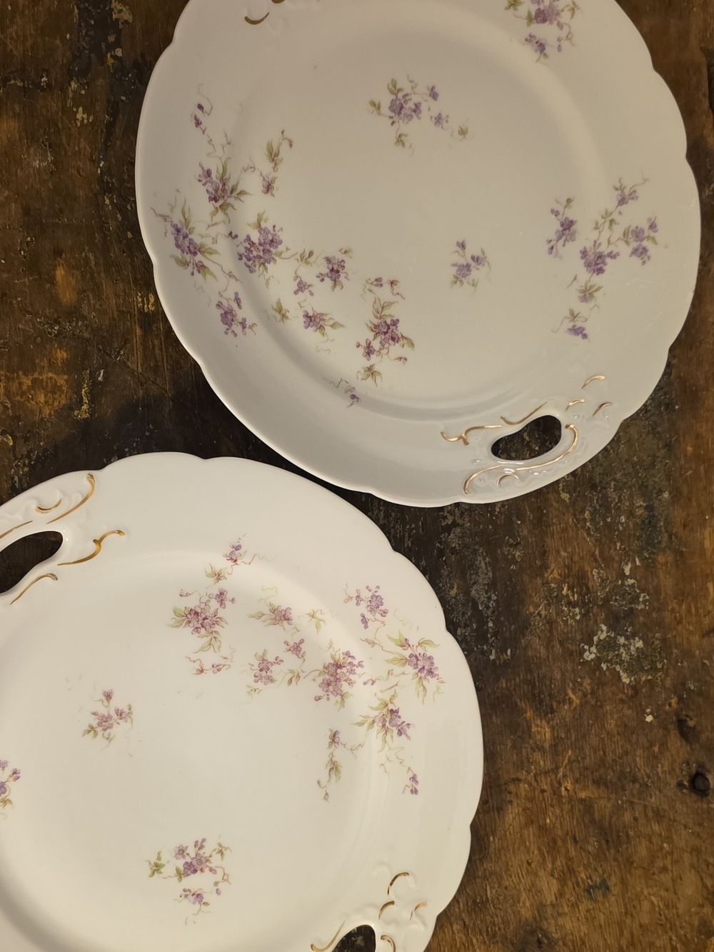 White Ceramic Serving Platters with Lavender Floral Pattern and Gold Trim